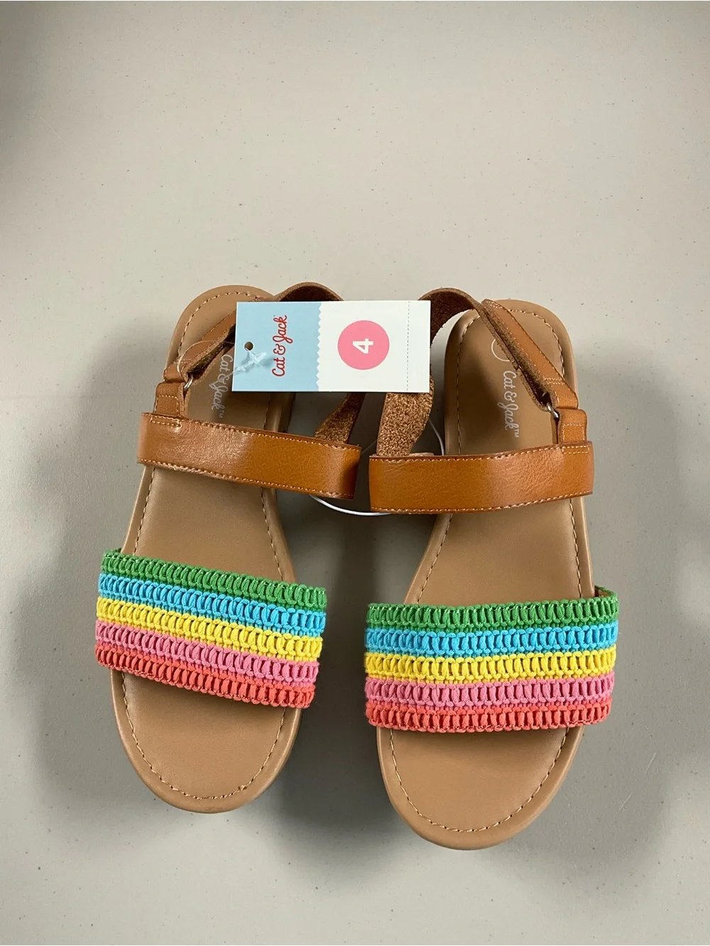 Cat & Jack Tan Sandals with Multicolor Rainbow Straps